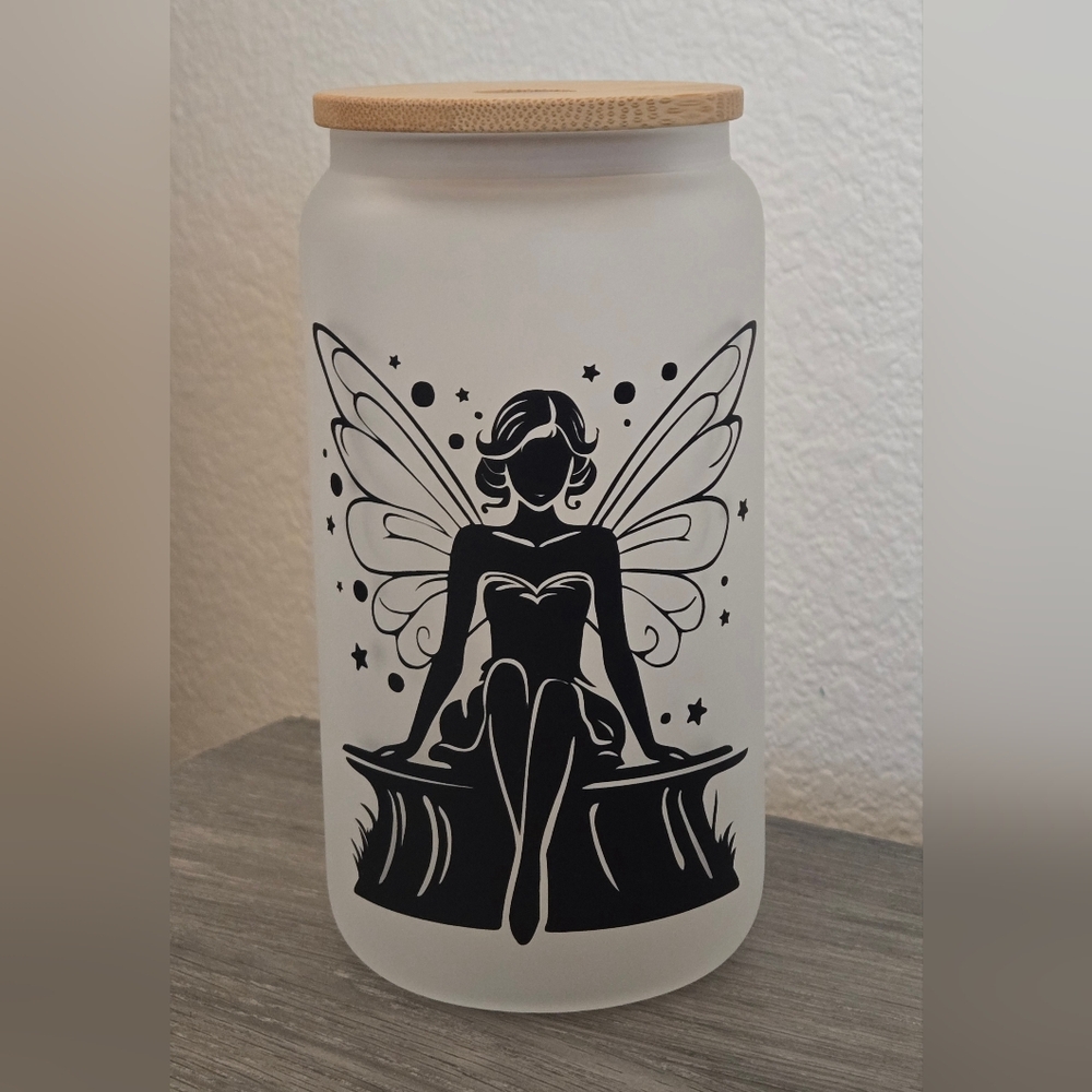 Frosted Glass Jar with Black Fairy Design